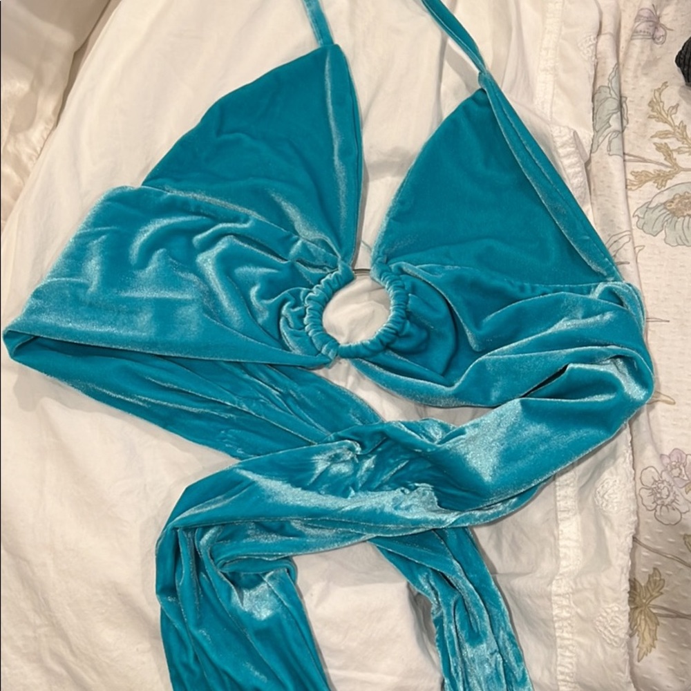Aqua / teal ring halter crop top with tie in back
